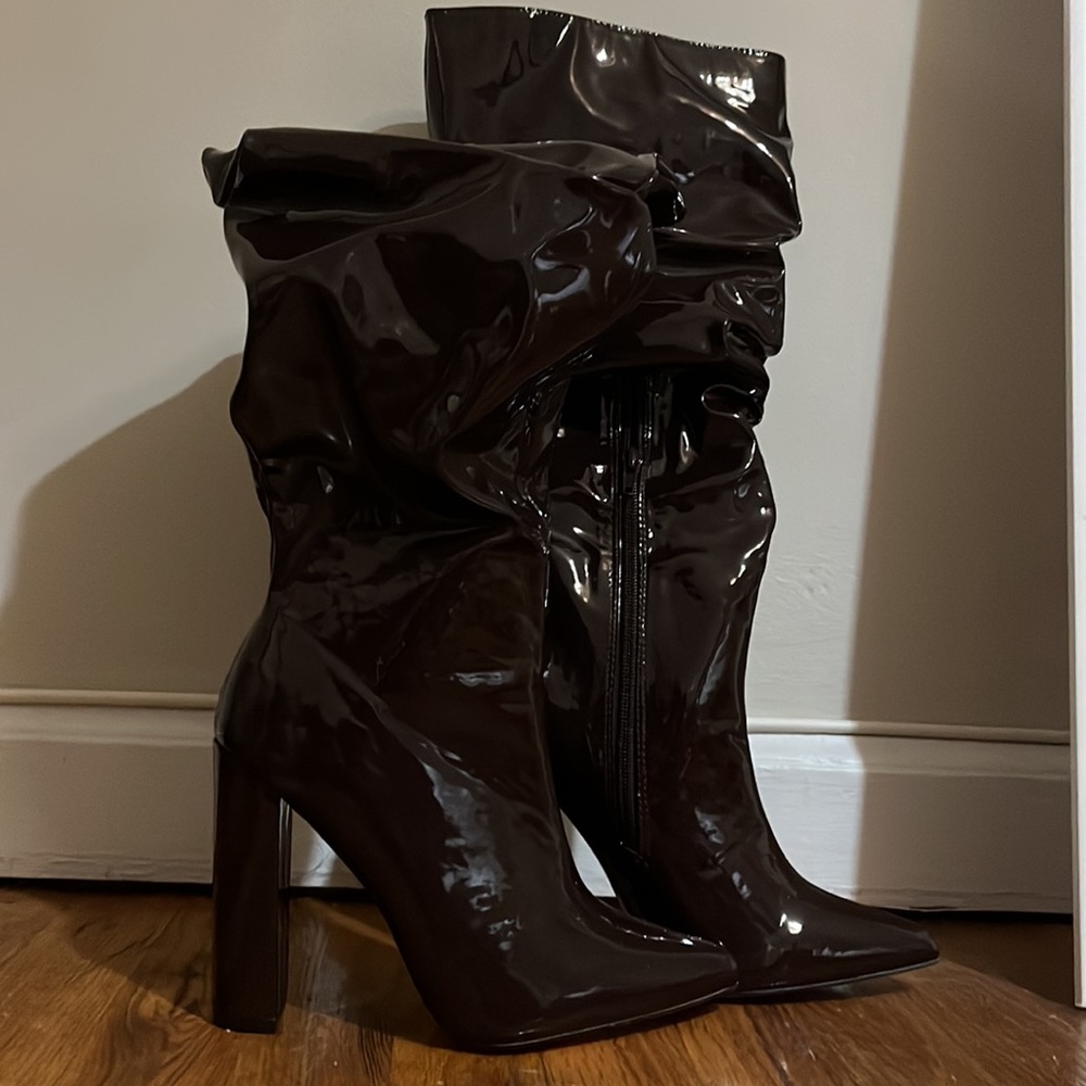 Public Desire- Yours Chocolate Wide Fit Patent Heeled Knee High Block Boots